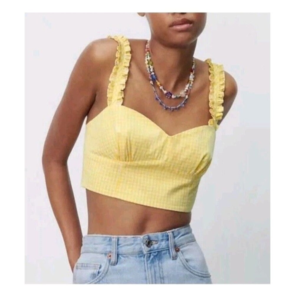 Zara Cropped Yellow White Gingham Tank Top Western Daisy Duke Boho Womens Small - Picture 1 of 12